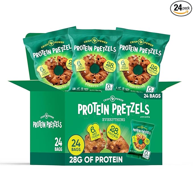 Crisp Power Protein Pretzels, Everything, High Protein Vegan Keto Snack, 28 G Plant Based Protein, Low Carb Crunchy Pretzel Snacks, Sugar Free, No Seed Oils, 1.75 oz Bags, 24 Pack
