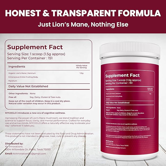 Organic Lions Mane Mushroom Powder – 100% Pure Plant-Based Superfood – Supports Focus, Clarity & Everyday Vitality – Rich in Natural Nutrients & Antioxidants – Perfect for Smoothies, Coffee & Tea