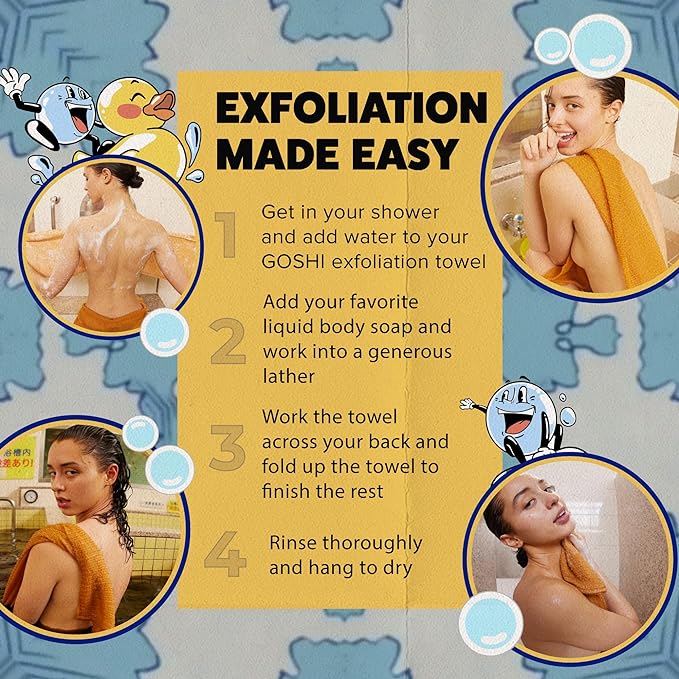 GOSHI Exfoliating Shower Towel - Rip-Resistant Exfoliating Washcloth for All Skin Types - Marigold Yellow - Made in Japan
