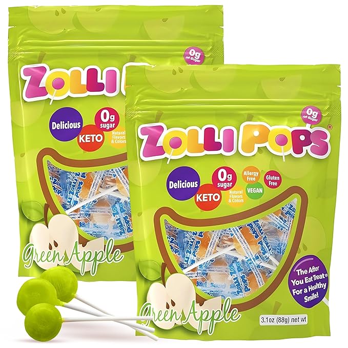 Zollipops Clean Teeth Pops Sugar Free Candy with Xylitol, Dye-Free Lollipops - Keto & Diabetic-Friendly, Dentist-Approved Treats for Kids (Green Apple, 3.1 oz, Pack of 2)