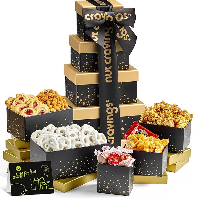 NUT CRAVINGS - Diwali Sweets Hamper Chocolate Covered Pretzels & Caramel Popcorn Gift Basket, in Black Tower + Ribbon (8 Assortments) Food Arrangement Healthy Snack Care Package