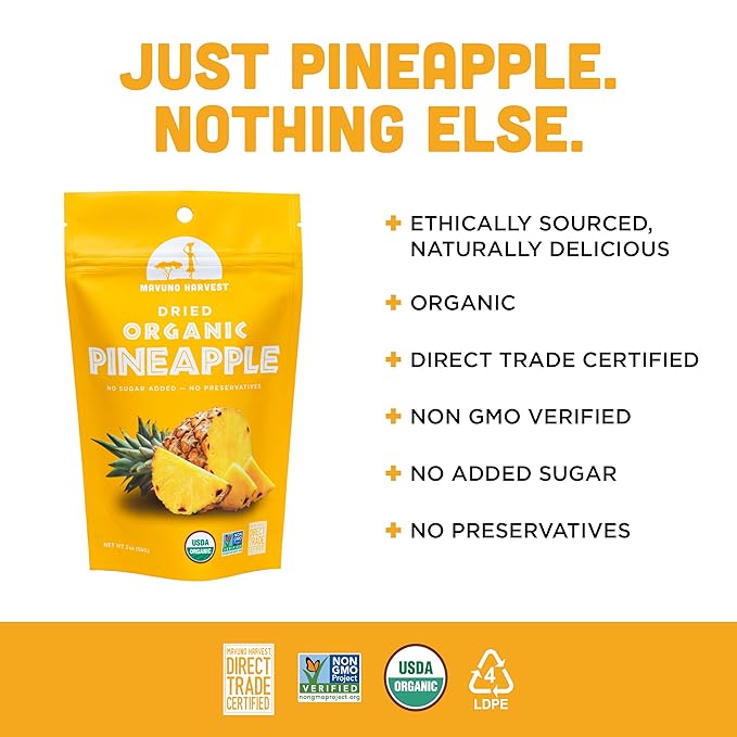Mavuno Harvest Pineapple Dried Fruit Snacks | Organic Dried Pineapple Chunks| Gluten Free Healthy Snacks for Kids and Adults | No Sugar Added, Vegan, Non GMO, Direct Trade | 2 Ounce, Pack of 3