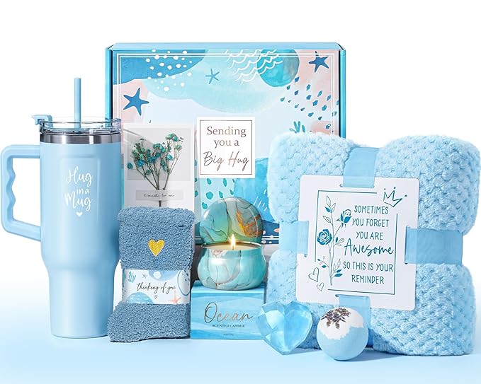 Birthday Gifts for Women Self Care Gifts Get Well Soon Gifts, Ocean Relaxing Spa Gifts Basket Care Package w/ Flannel Blanket 40 OZ Tumbler, Christmas Gifts for Mom Wife Grandma Friends Sisters Her