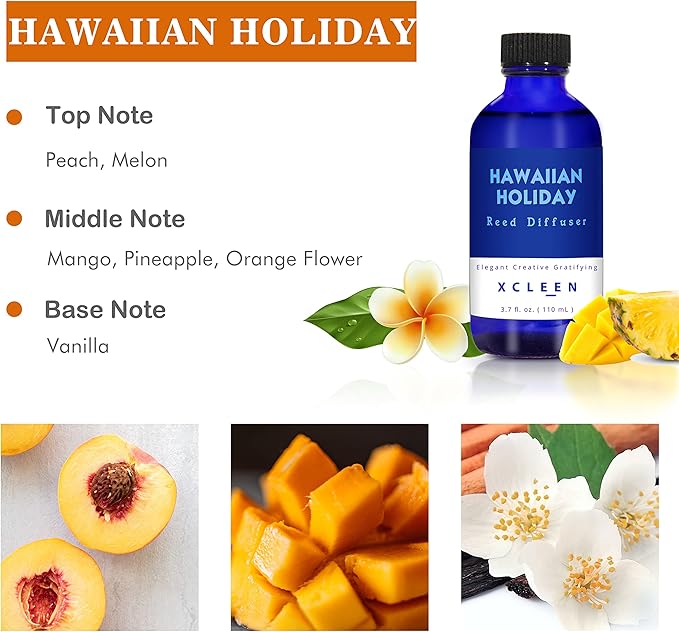 Reed Diffuser Set for Home| 3.7 Oz(110ml) Hawaiian Holiday Fragrance Diffuser | with Mangoes, Pineapples, Peaches & Melons Scented Oil Sticks Diffuser, Air Fresheners for Home, Bathroom