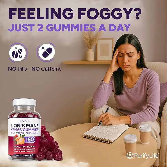 Sugar Free Lions Mane Supplement Gummies with KSM-66 Ashwagandha - Nootropic Supplement for Cognition, Brain Fog, Mental Clarity, Focus & Stress Support - Natural Berry Flavor, Vegan, Made in USA