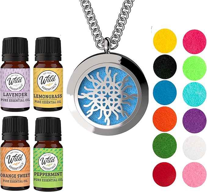 Wild Essentials Love Knot Necklace Essential Oil Diffuser Kit with Lavender, Lemongrass, Peppermint, Orange Oils, 12 Refill Pads, Calming Aromatherapy Gift Set, Customizable Color Changing, Perfume