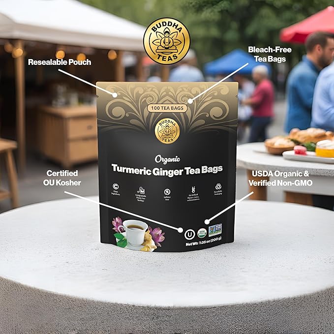 Buddha Teas - Organic Turmeric Ginger Tea Bags - For Health & Wellbeing - With Antioxidants & Minerals - Clean Ingredients - Caffeine Free - OU Kosher & Non-GMO - 100 Non-String Tea Bags (Pack of 1)