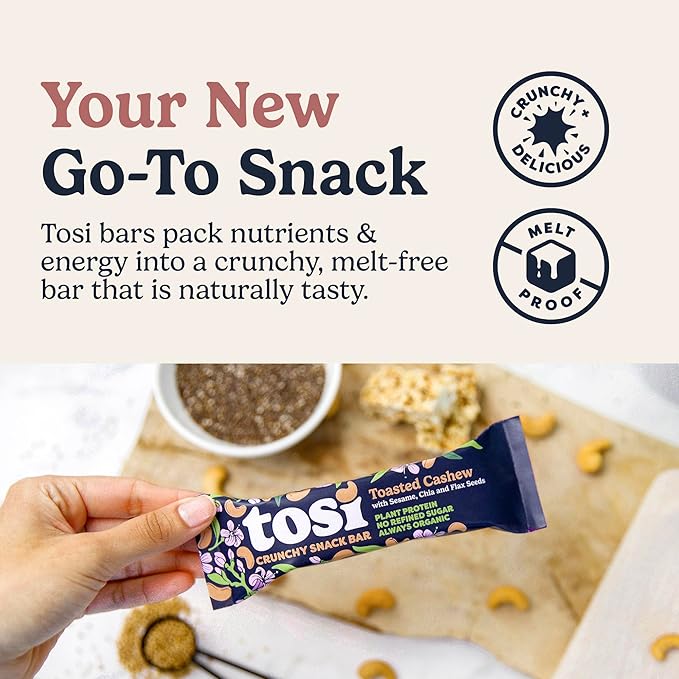 Tosi Cashew Variety Pack Protein Bars, Plant Based with Nuts, Gluten-Free Crunchy Snacks, Vegan, Organic, Flax & Chia Seeds, Soy-Free, Omega 3s, 5G Protein, 1 oz, 12-Pack