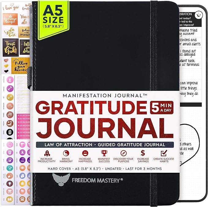 Gratitude Journal for Women & Men - 5 Minute Self Care Journal | 90-Day Undated Daily Planner for Positivity, Affirmations & Manifestation | Guided Mindfulness, Reflection | Vision Board + Stickers