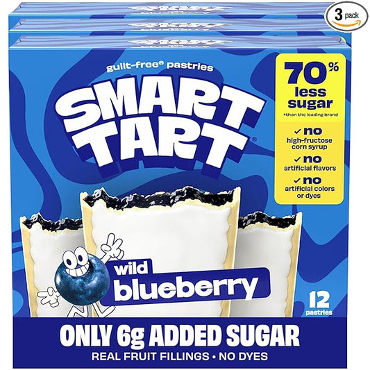 Smart Tart Toaster Pastries Wild Blueberry - Low Sugar Snacks, Healthy Breakfast Pastry, On the Go Snack, Real Fruit Filling - Only 6g Added Sugar - 36 Count