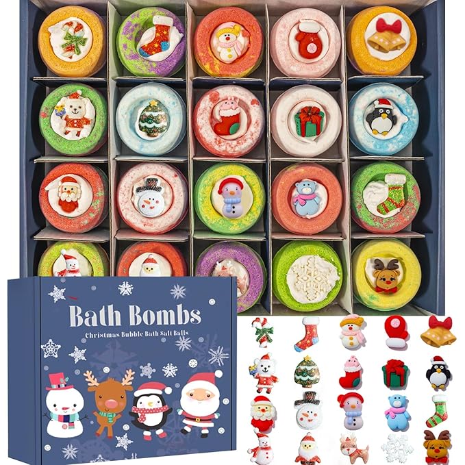 20 Pack Christmas Bubble Bath Bombs,Bath Bombs for Kidswith Christmas Squishy Surprise Inside Kids Girls Boys Women Christmas Stocking Stuffers Gifts