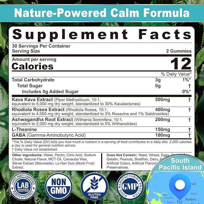 Kava Kava Gummies, Sugar Free Calm Gummies w/Rhodiola Rosea, Ashwagandha, L-Theanine, GABA, Melatonin-Free Kava Blend for Relaxation, Calm and Focus - Alternative to Kava Powder Capsules, Vegan 120 Ct