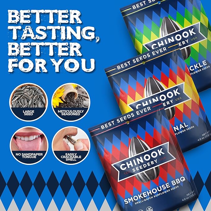 Chinook Seedery Roasted Sunflower Seeds - Jumbo Seeds Keto Snacks - Best For Snack Packs - Gluten Free, Non GMO Snack Food Gifts - 4 Ounce (Pack of 3) - Lawnmower Variety Pack