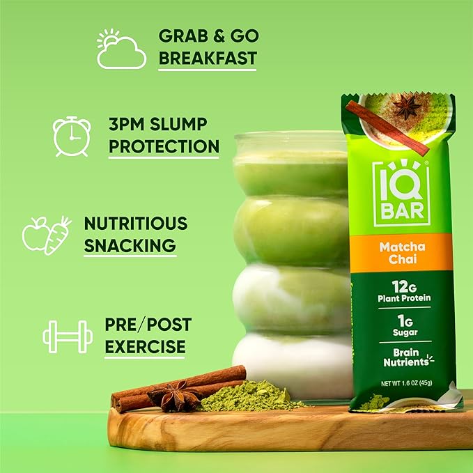 IQBAR Brain and Body Plant Protein Bars - Matcha Chai - 12-Count - Keto, Vegan, Low Carb, High Fiber, Gluten Free, Dairy Free, Low Sugar Snack with Nutrients for Focus, Energy, Meal Replacement