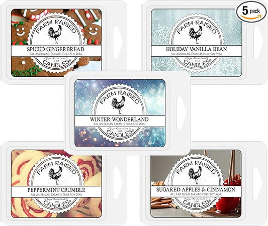 Farm Raised Candles – Winter Wonderland 15 oz Total (3 oz Each) 5-Pack Soy Wax Melts | Spiced Gingerbread, Holiday Vanilla Bean, Peppermint Crumble, Sugared Apples | 100% USA Made