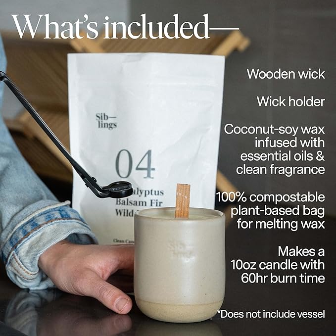 Siblings Candle Making Kit | DIY Coconut-Soy Wax Candle Kit with Wooden Wick | Scent No 05: Clove, Lavender, Cedarwood | Clean, Non-Toxic, Reusable, 60 Hr Burn