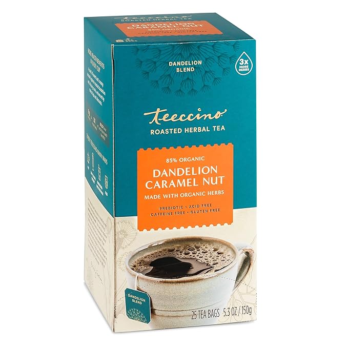 Teeccino Dandelion Caramel Nut Tea, 25 Tea Bags - Caffeine Free, Roasted Herbal Tea with Prebiotics, 3x More Herbs than Regular Tea Bags, Gluten Free, Great Hot or Iced, Herbal Tea