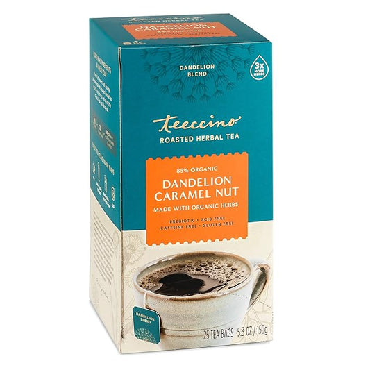 Teeccino Dandelion Caramel Nut Tea, 25 Tea Bags - Caffeine Free, Roasted Herbal Tea with Prebiotics, 3x More Herbs than Regular Tea Bags, Gluten Free, Great Hot or Iced, Herbal Tea