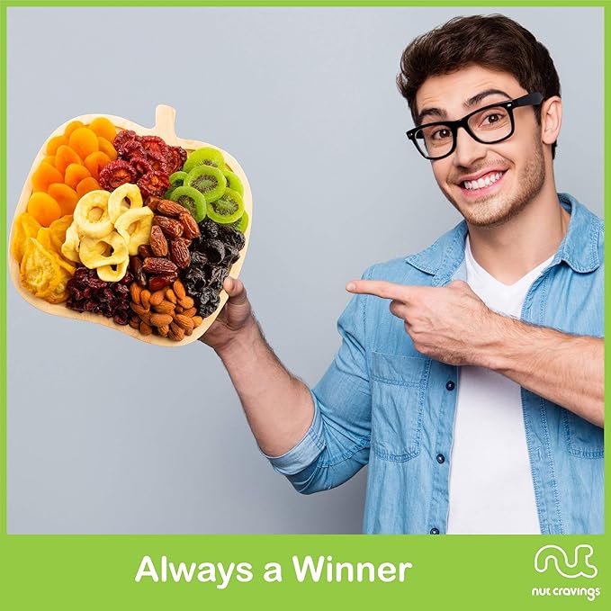 NUT CRAVINGS - Diwali Sweets Hamper Dried Fruit & Mixed Nuts Gift Basket in Wooden Apple-Shaped Tray (9 Assortments) Food Arrangement, Healthy Snack Care Package,