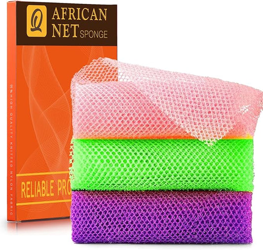 UJFQBH 3 Pieces African Bath Sponge African Net Long Net Bath Sponge Exfoliating Shower Body Scrubber Back Scrubber Skin Smoother,Great for Daily Use (Purple, Pink,Green)