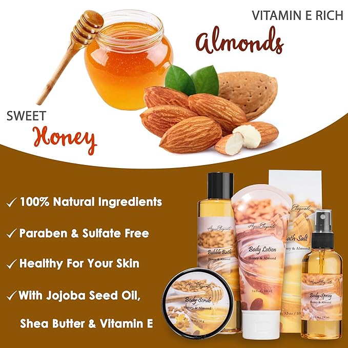 Spa Baskets For Women - Luxury Bath Set With Honey & Almond - Spa Kit Includes Wash, Bubble Bath, Lotion, Bath Salts, Body Scrub, Hand Cream, Shower Puff, Bathbombs, Soap and Towel