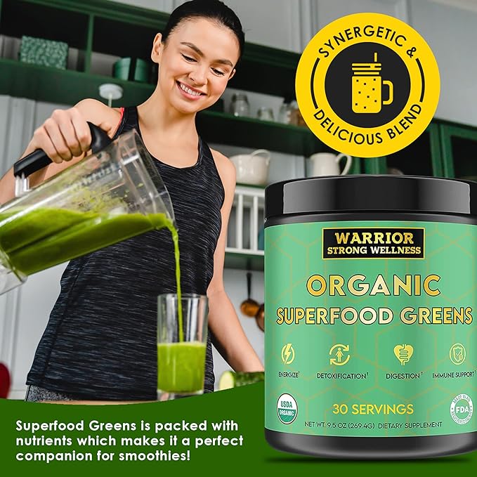 Certified Organic Greens Powder - 30 Servings - Green Superfood Powder, Energy Boost Detox Drink, Fruit and Vegetable Powder, Apple Cider Vinegar, Green Tea Extract