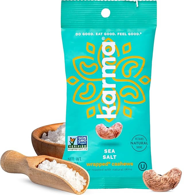 Sea Salt Cashews with Skin by Karma Nuts, Whole, Roasted, Vegan, Gluten Free, Low Net Carb, Natural, Everyday Nut Snack, 1.5 Ounce (12 Snack Packs)