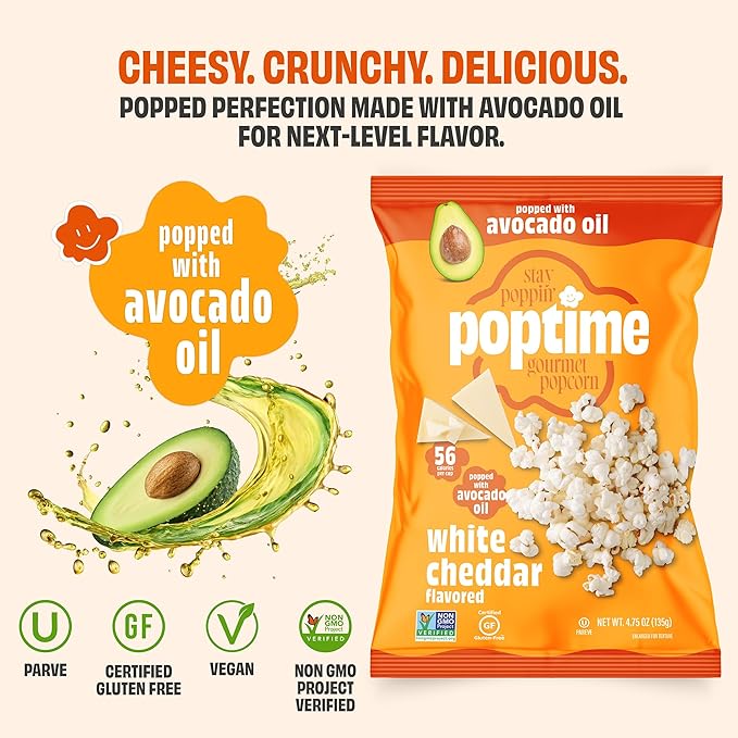 Poptime White Cheddar Popcorn Snack Bags – Gourmet Popcorn Bags, Healthy Snack With Heart-Healthy Avocado Oil, Crunchy, Cheesy, Gluten Free, Vegan, Low Calorie, Non-GMO, Kosher - 4.75 oz - Pack 4