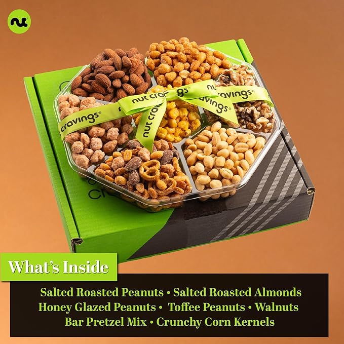 NUT CRAVINGS - Diwali Sweets Hamper Mixed Nuts Gift Basket + Green Ribbon Classic (7 Assortments, 1 LB) Food Arrangement, Healthy Snack Care Package, Food Assortments