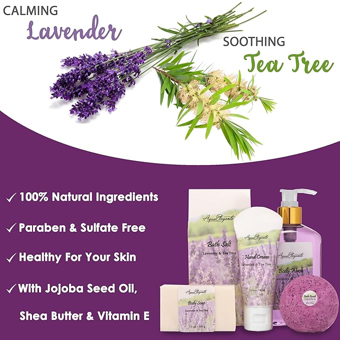 Spa Baskets For Women - Luxury Bath Set With Lavender & Tea Tree Oil - Spa Kit Includes Wash, Bubble Bath, Lotion, Bath Salts, Body Scrub, Hand Cream, Shower Puff, Bathbombs, Soap and Towel