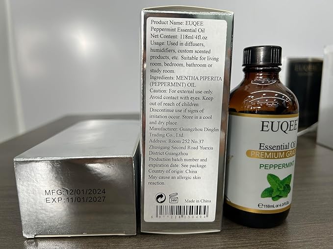 EUQEE Peppermint Essential Oil 118 ml Pure Peppermint Oil with Glass Dropper, Great for Aromatherapy, Diffuser, Soap Candle Making - 4Fl. Oz