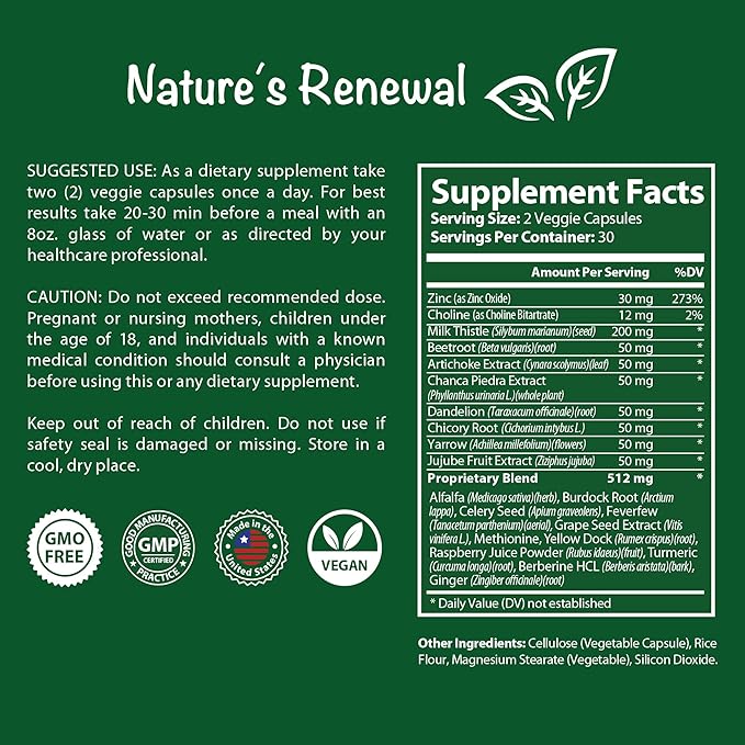 Nature's Renewal Liver Support Supplement – Cleanse Detox Repair Renew Recovery Formula with Milk Thistle, Dandelion Root, Artichoke Extract, Choline, Turmeric – 60 Capsules