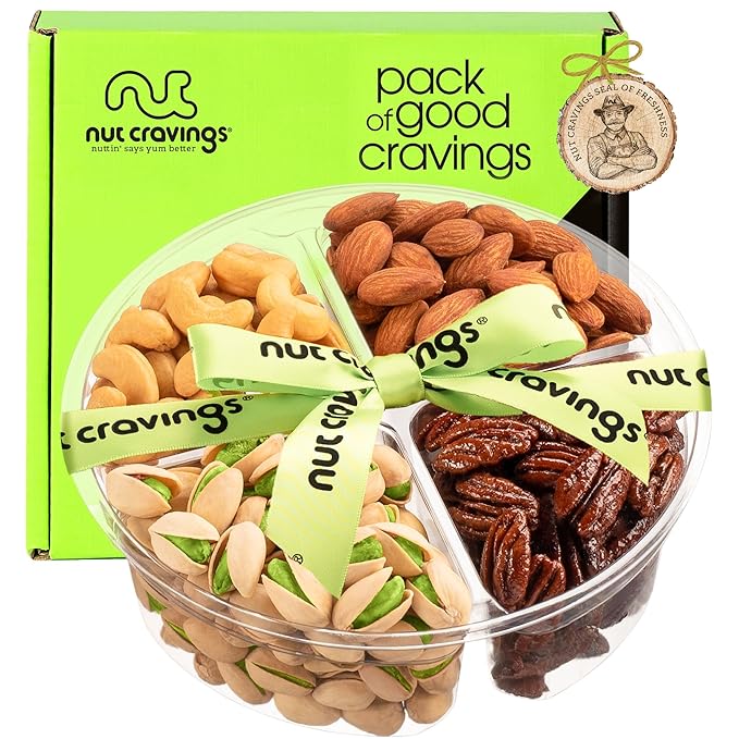 NUT CRAVINGS - Diwali Sweets Hamper Mixed Nuts Gift Basket + Green Ribbon (4 Assortments) Food Arrangement, Healthy Snack Care Package, Food Assortments