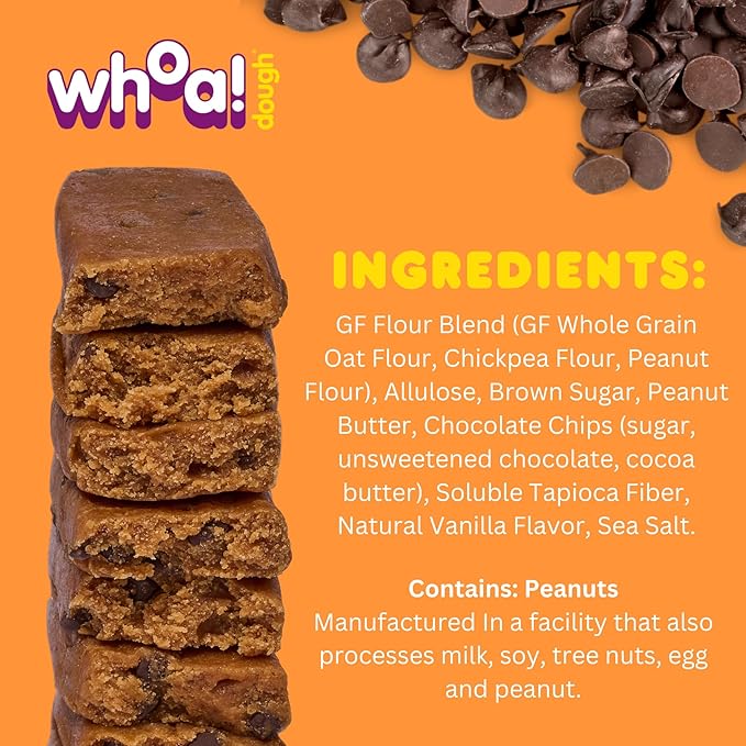Whoa Dough Edible Cookie Dough Bars- Certified Non-GMO, Kosher and Gluten Free Bars - Healthy Snack Foods - Plant Based Snacks - Peanut Butter Chocolate Chip Cookie Dough - 4 Pack