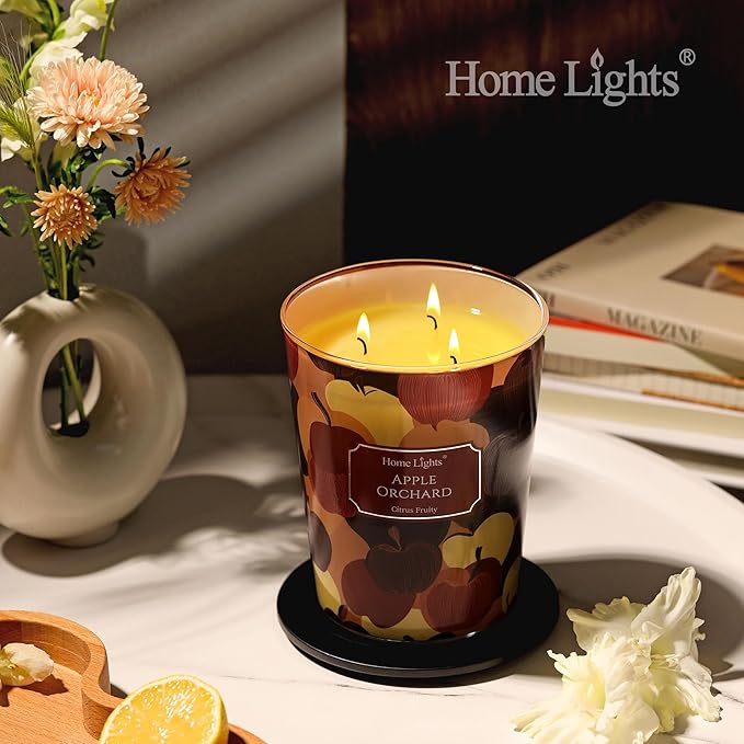 HomeLights Large jar Candle | 3-Wick Long-Lasting Scented Candles, 34oz Natural Soy Wax Candle for Home Scented, Eclectic Mixed Styles Gifts for Women & Men, Apple Orchard