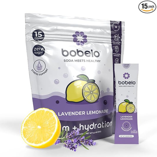 Bobelo Self Carbonating Hydration Drink | Lavender Lemonade 15 Count | Low Calorie, Electrolytes Powder Packets Drink Mix | Sparkling Water & Soda Alternative | Keto Friendly | Water Enhancer Sugar Free