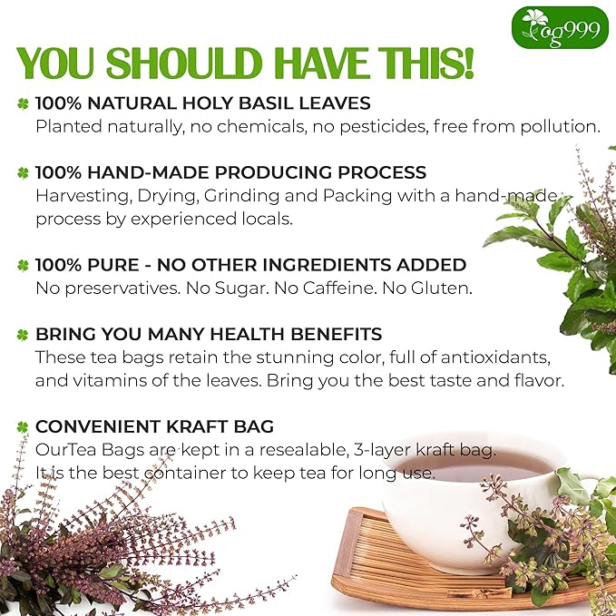 TOG999, Premium 120 Holy Basil Leaf Tea Bags, 100% Natural & Pure, Loose Leaf Herbal Tea. Holy Basil Leaf Tea. No Sugar, No Caffeine, No Gluten, Vegan.