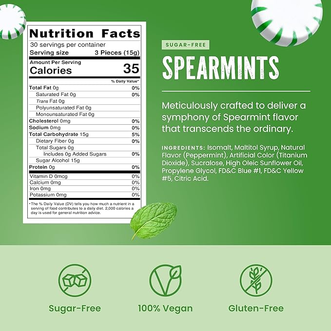 Cambie Sugar Free Mints, 1 lb of Sugar Free Hard Candy, Spearmints Individually Wrapped with a Refreshing & Sweet Spearmint Flavor, Packaged Fresh in a Resealable Pouch