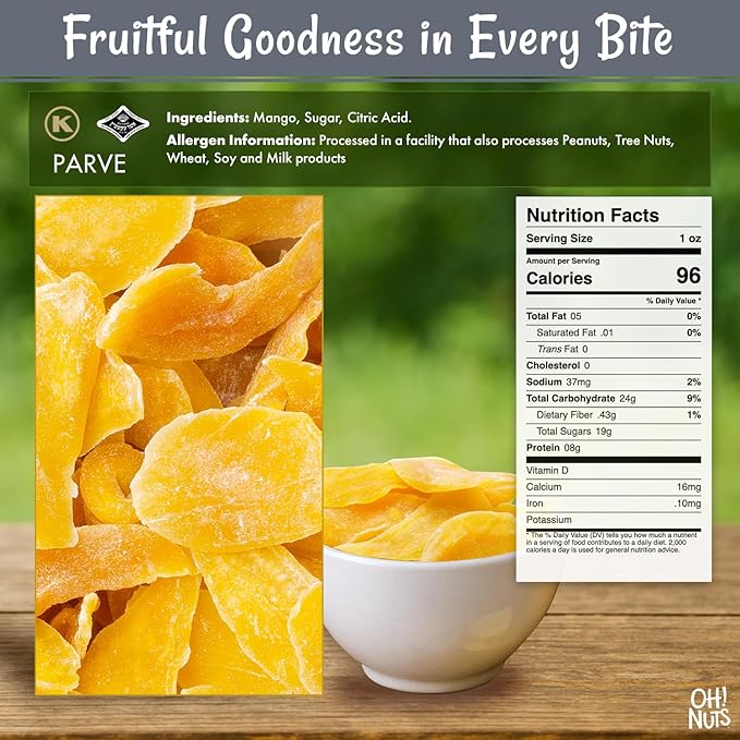 Oh! Nuts Dried Mango - Dehydrated Mango Slices - Dried Mango Fruit - 1 lb - Packed in New York Zip-Seal Bag for Exceptional Freshness