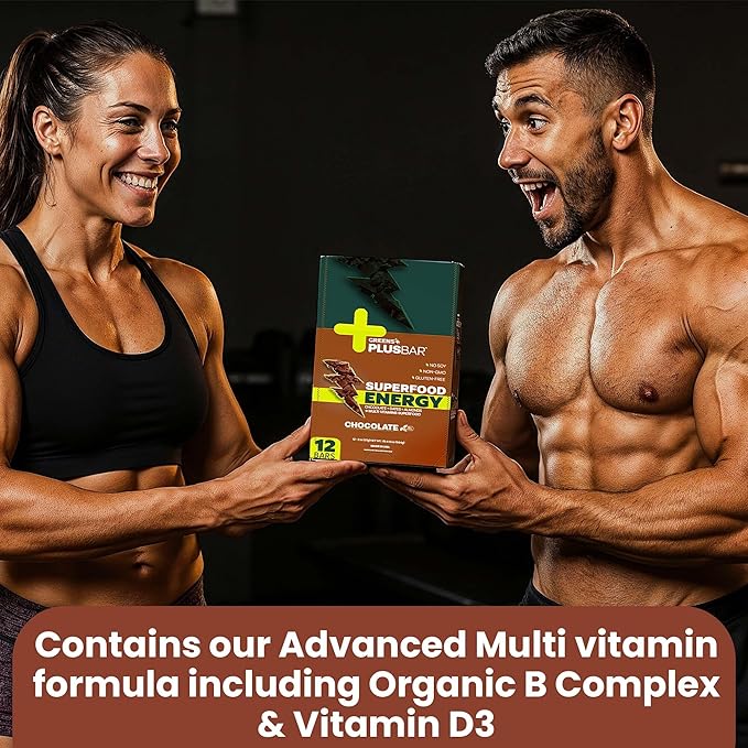 Greens+ Plusbar Energy Chocolate | Gluten Free Energy Bar | Organic Greens | Organic Dark Chocolate | Non GMO | 12 Bars