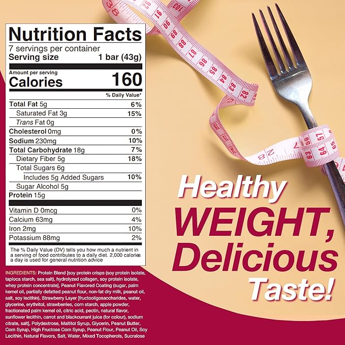 ProtiDIET Old Fashioned Strawberry & Peanuts Protein Bar, 15g Protein, Low Calorie, Low Carb, Low Sugar, High Fiber, No Gluten Ingredients, KETO Friendly, Ideal Protein Compatible, 7/ Box