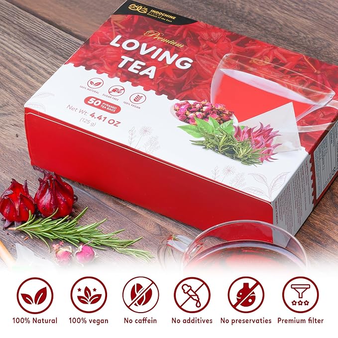 Indochine Blends Loving Tea | Organic Rosemary Tea Bags | Black Tea, Rose, Hibiscus & Organic Rosemary | Sugar-Free, Caffeine-Free Herbal Tea for Relaxation | 4.4 oz | 50 Corn-Fiber Pyramid Bags