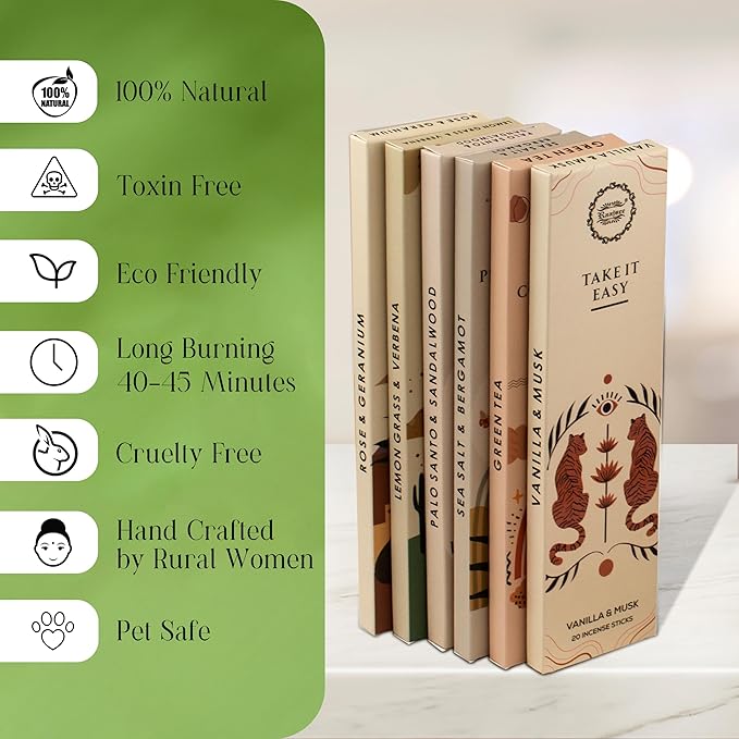 Raajsee Incense Sticks Organic Non Toxic - Pack of 6 Natural Inscents with Insence Holder -120 Sticks, Clean Burn, Boho Gift Set, Palo Santo & Sandalwood, Vanilla Musk, Rose, Green Tea, Lemon Grass