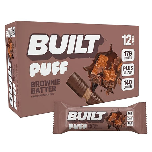 Built Bar, Puff Protein Bars, Brownie Batter Puff, 17g Protein Snacks, On-The-Go Bars, Only 140 Calories, 6g Sugar, Collagen, Gluten Free, 12 Count
