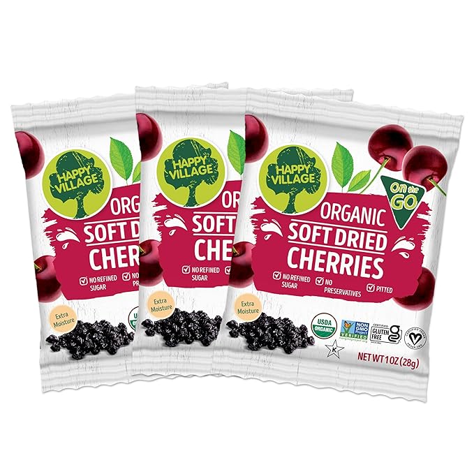 Happy Village Organic Soft Dried Cherries On the Go – 3 Bags (15 Individual Portion Packs) | Healthy, Organic, Non-GMO, Vegan, Kosher, Gluten-Free Snack Packs