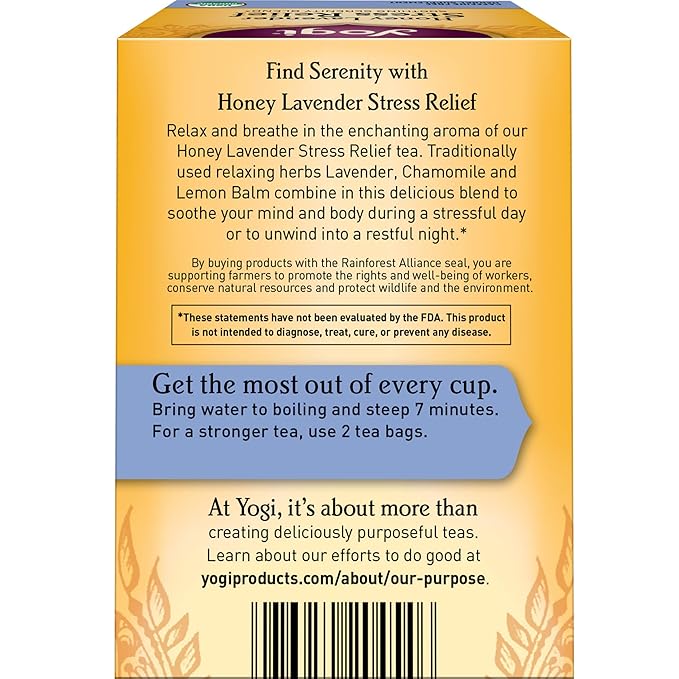 Yogi Tea Honey Lavender Stress Relief - 16 Bags per Pack (4 Packs) - Organic Chamomile Lavender Tea - Includes Lemon Balm, Lemongrass, Spearmint Leaf, Peppermint Leaf, Honey Flavor & More