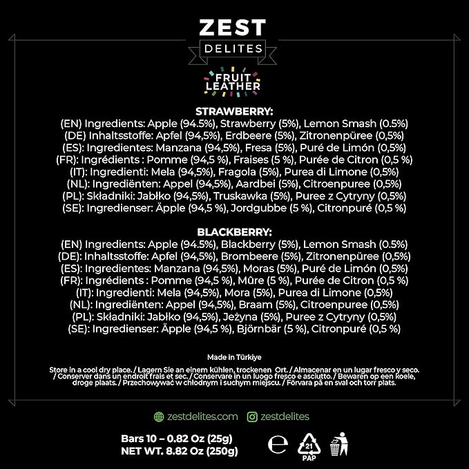 Dried Fruit Bars by Zest Delites, Fruit Leather, Healthy Snacks Pack for Adults & Kids, Lavashak, Vegan, Apple-Based Strips, Blackberry, Strawberry, 0.88 oz x 10