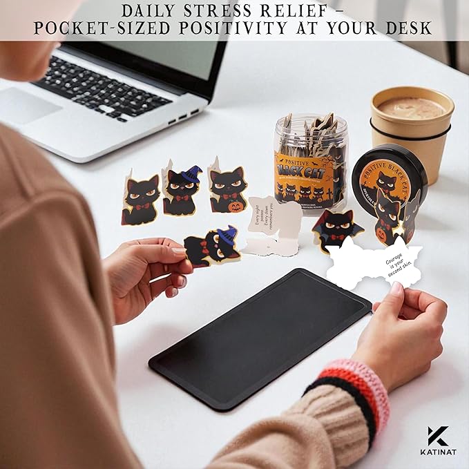 Halloween Black Cat Jar, 60 Cat Affirmation Cards, Halloween Gifts for Women & Teens, Boo Basket Stuffers for Women, Spooky Basket Stuffers