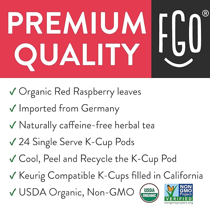 FGO Organic Raspberry Leaf Tea K-Cup Pods for Keurig, 24 Count (Pack of 1), Naturally Caffeine-Free Herbal Tea, USDA Organic, Non-GMO, & Recyclable