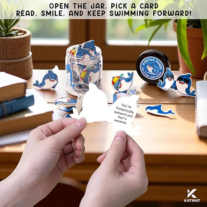 Positive Shark Jar, 60 Affirmation Cards, Emotional Support Shark Gift, Shark Decor, Get Well Gifts for Men, Shark Stuffed Animal Alternative, Shark Decorations